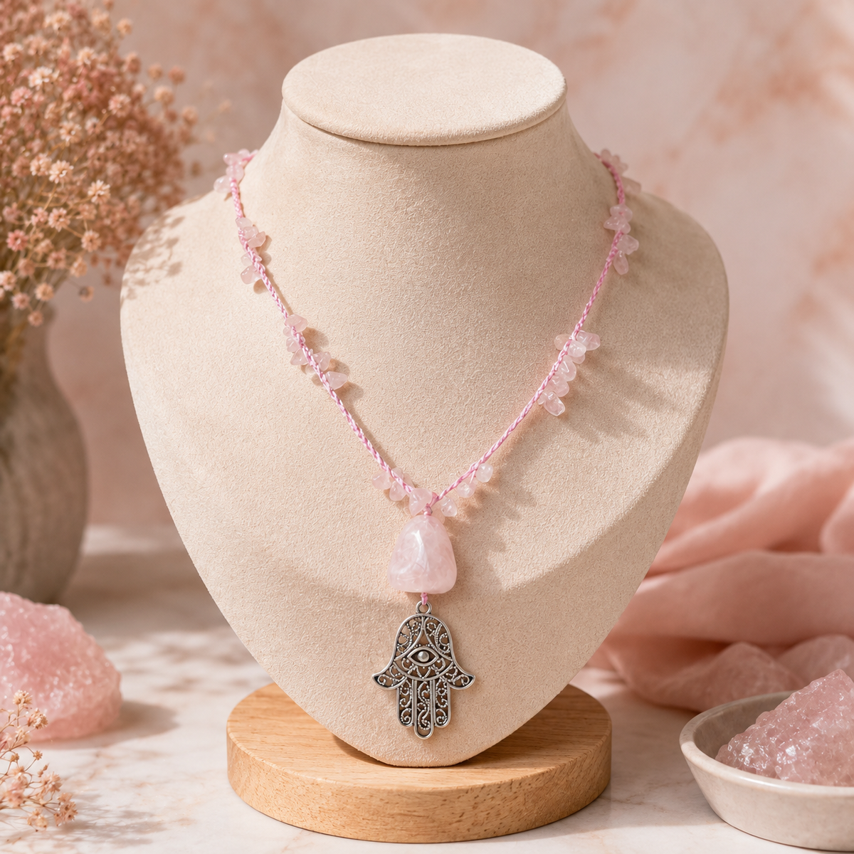 Collar Cuarzo Rosa Tejido con Mano de Fátima