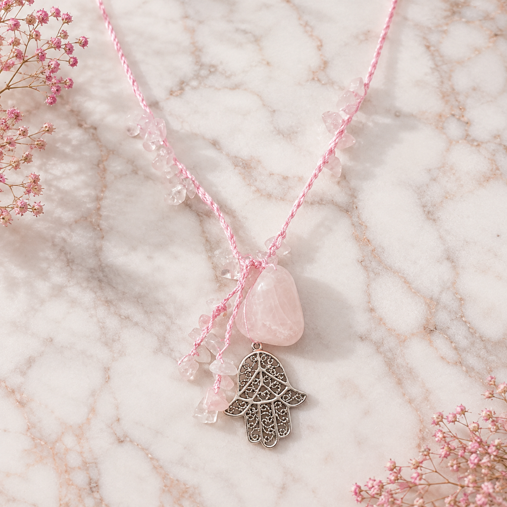Collar Cuarzo Rosa Tejido con Mano de Fátima