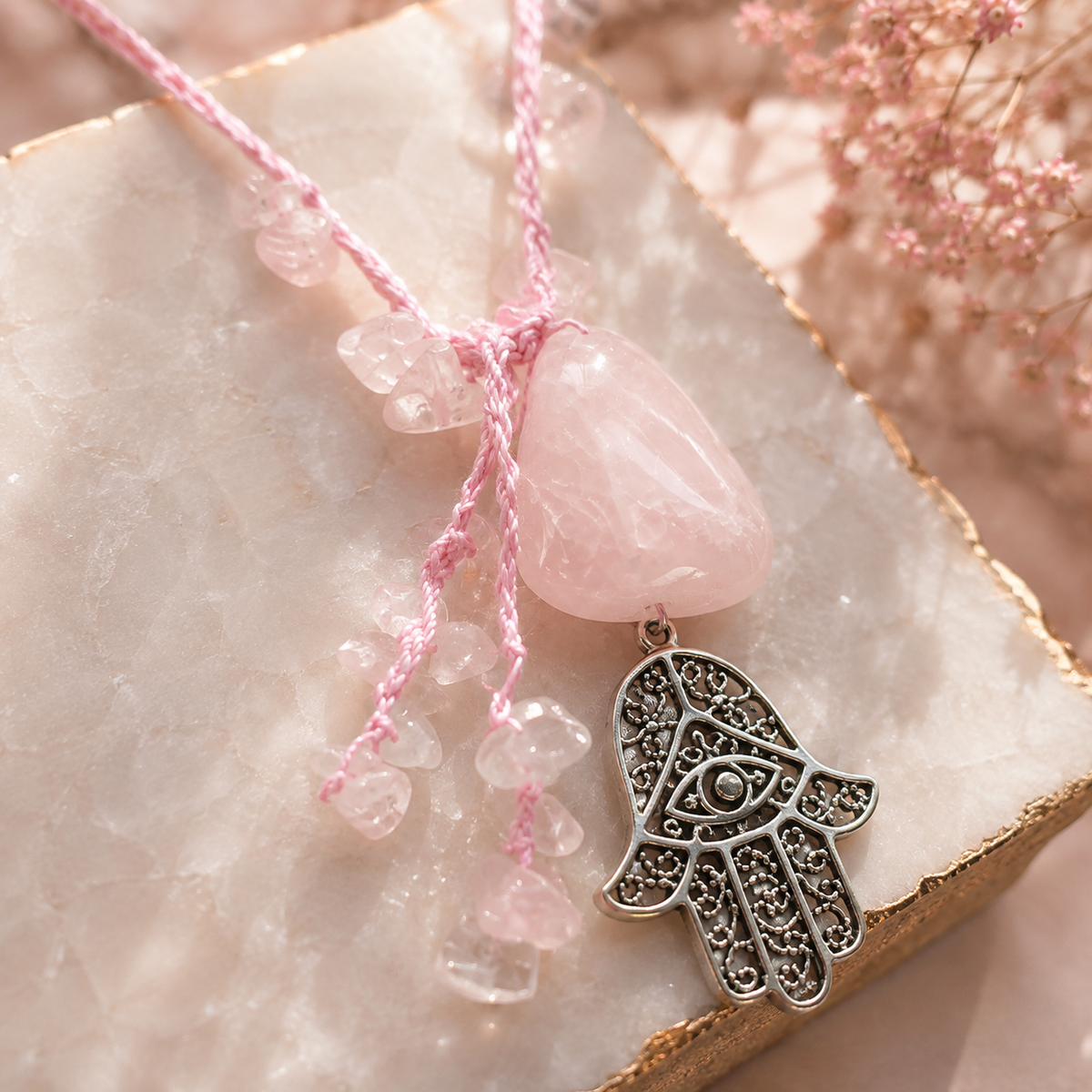 Collar Cuarzo Rosa Tejido con Mano de Fátima
