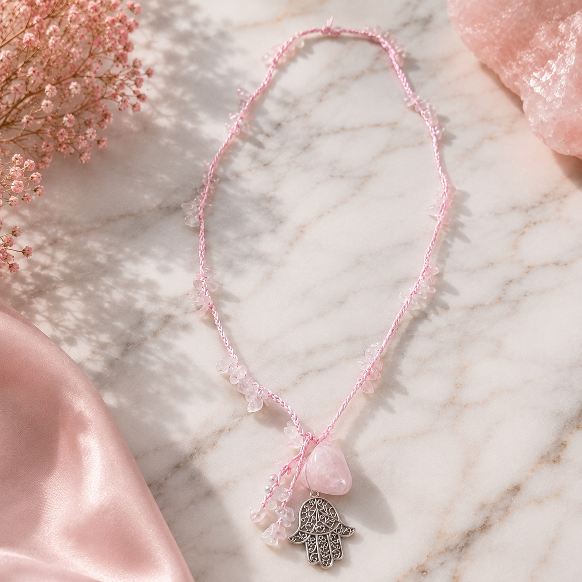 Collar Cuarzo Rosa Tejido con Mano de Fátima