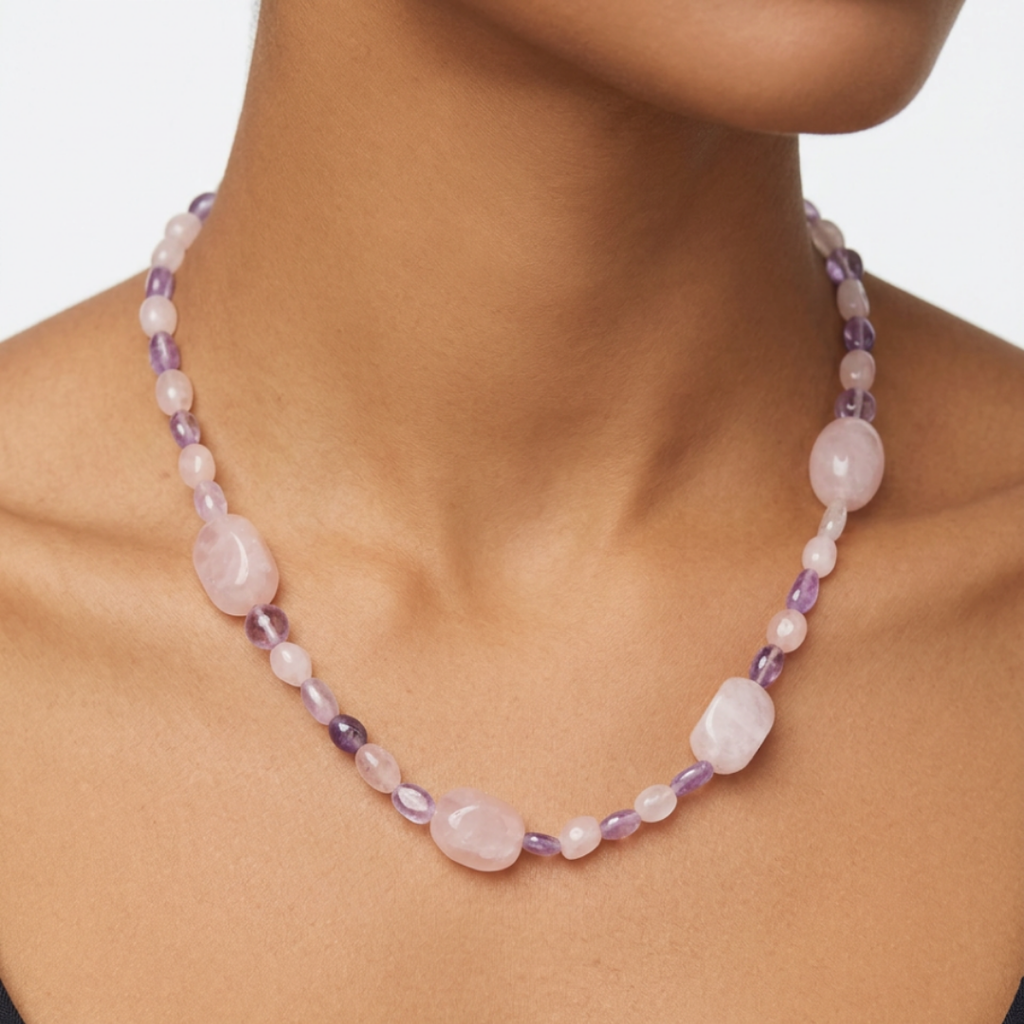 Juego de Collar y Pulsera — Amatista y Cuarzo Rosa Naturales