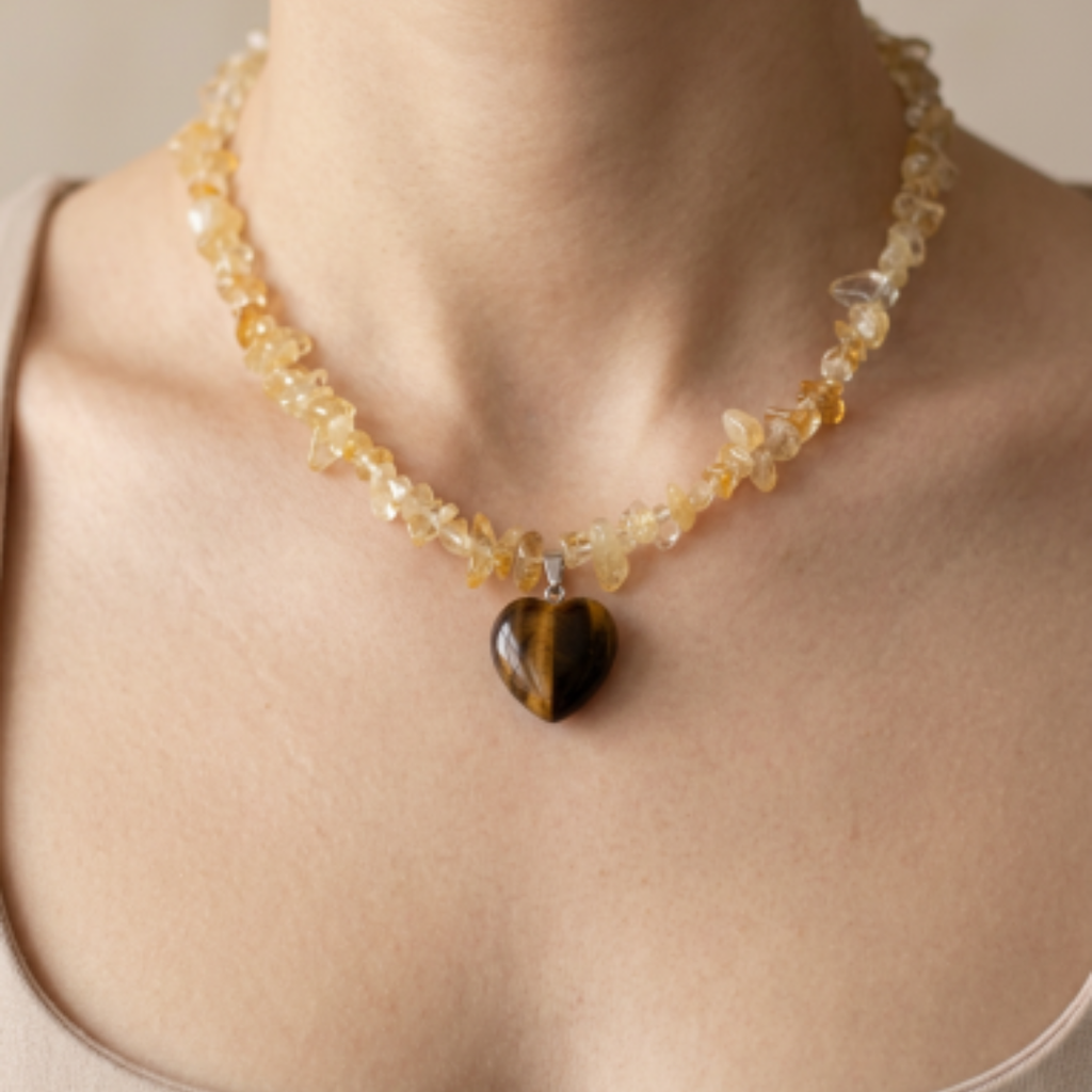 Collar Citrino Chip con Dije Corazón de Ojo de Tigre