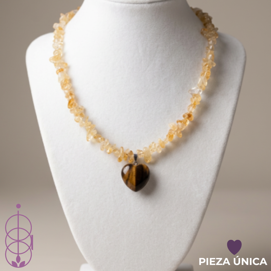 Collar Citrino Chip con Dije Corazón de Ojo de Tigre