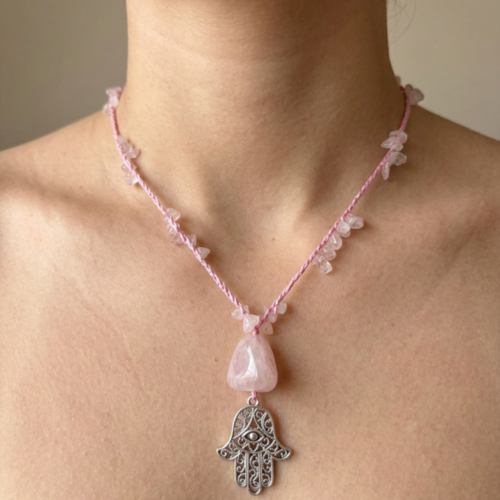 Collar Cuarzo Rosa Tejido con Mano de Fátima