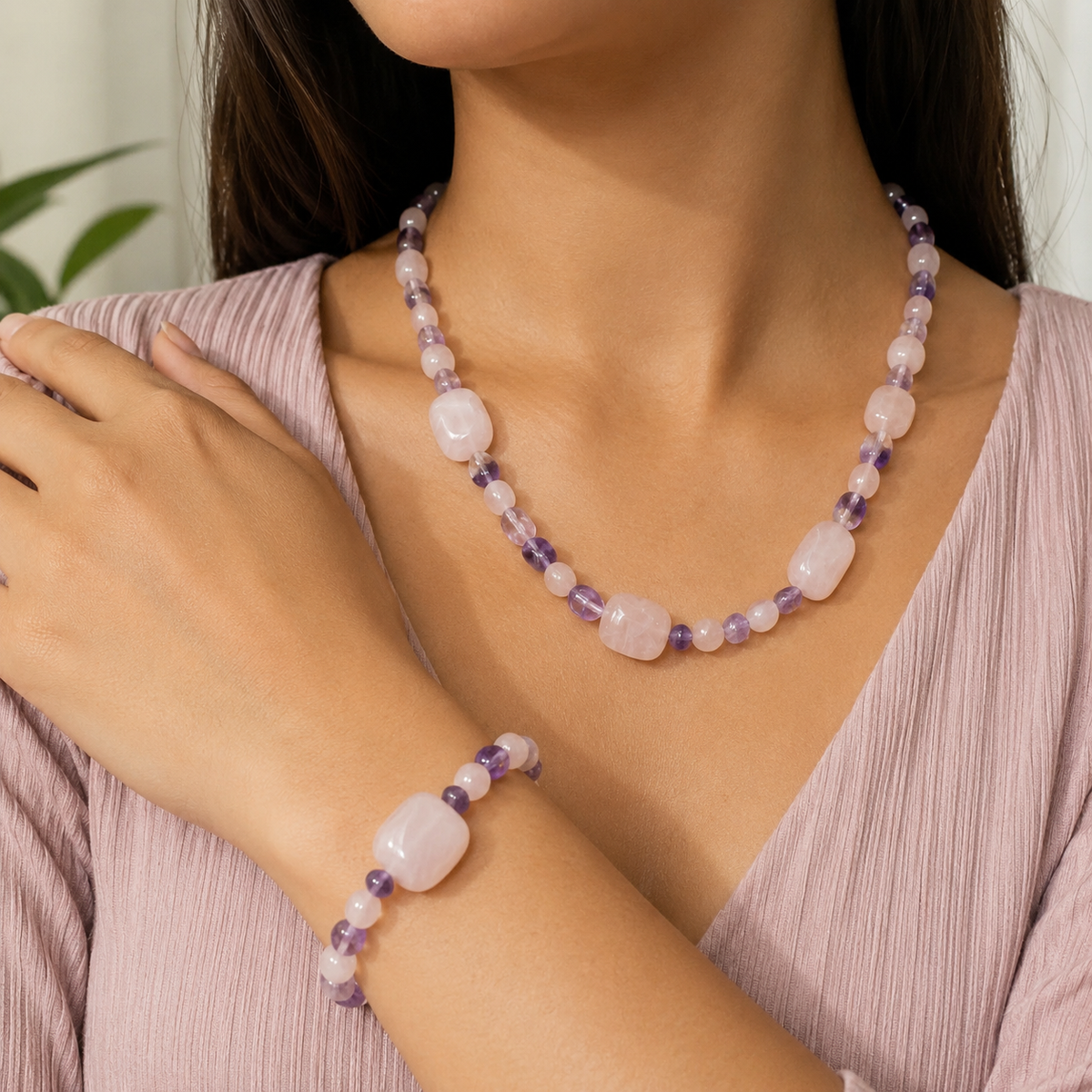 Juego de Collar y Pulsera — Amatista y Cuarzo Rosa Naturales