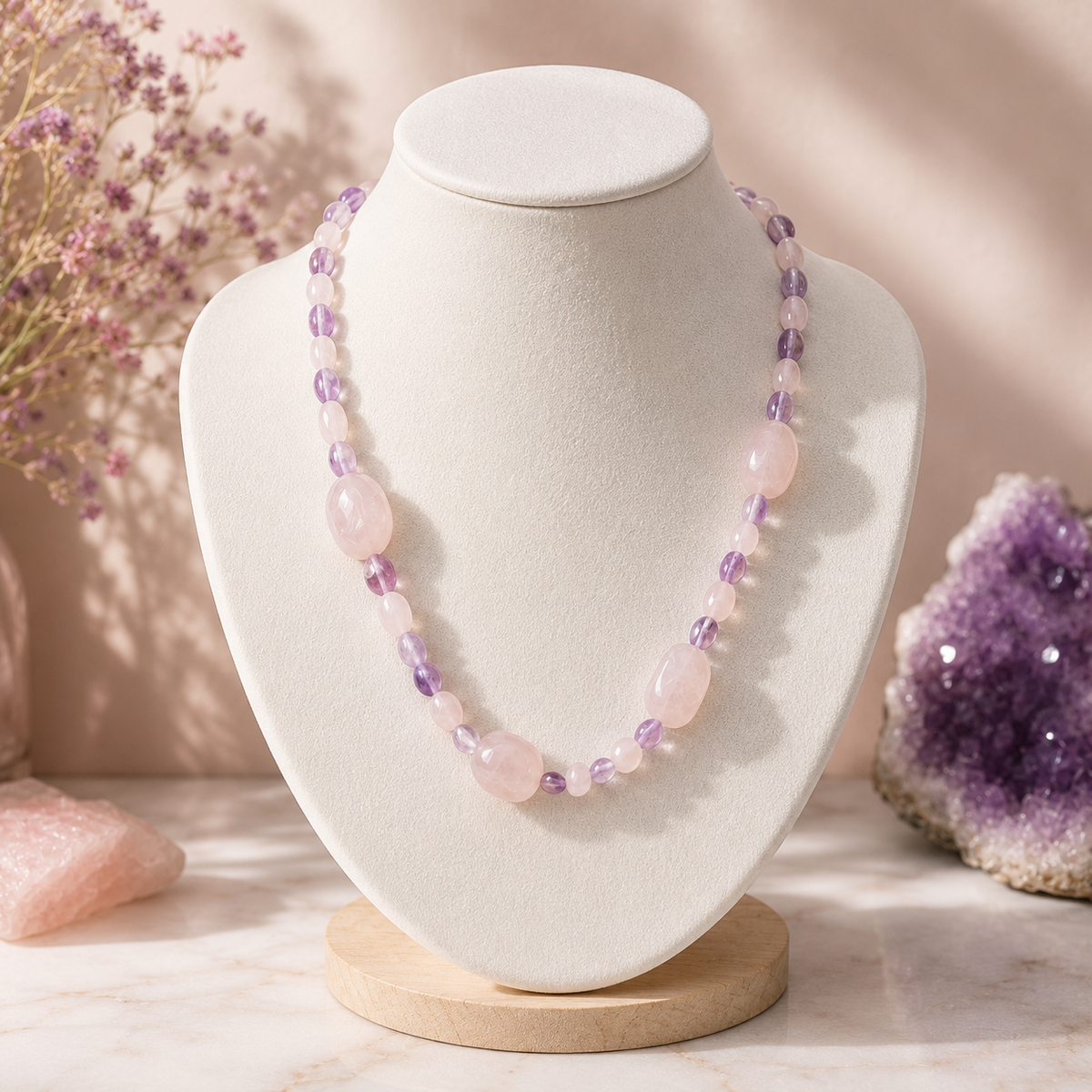 Juego de Collar y Pulsera — Amatista y Cuarzo Rosa Naturales