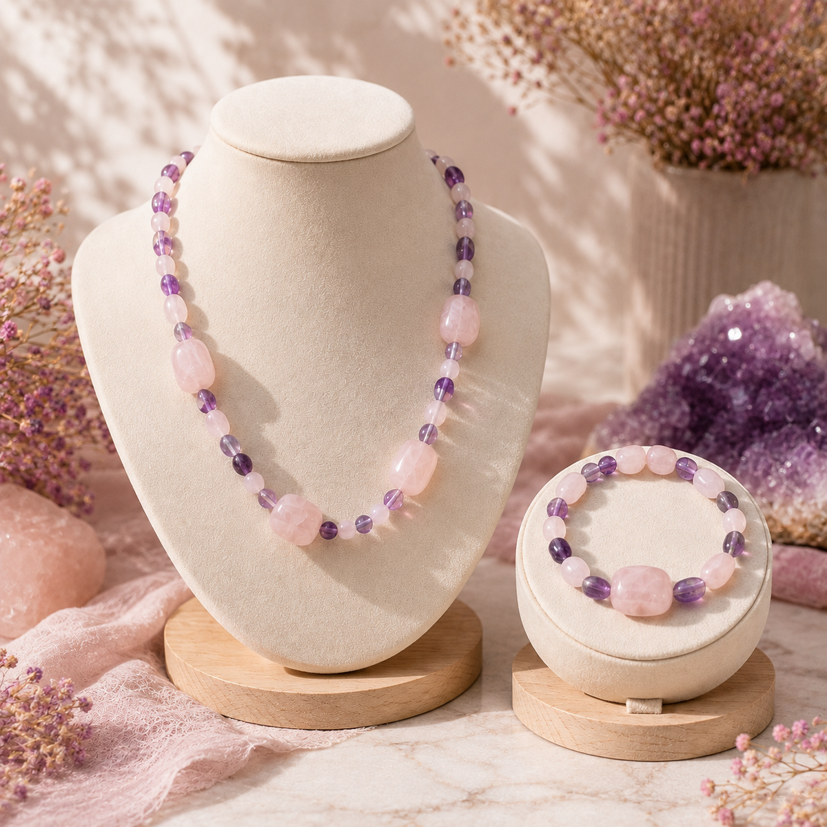 Juego de Collar y Pulsera — Amatista y Cuarzo Rosa Naturales