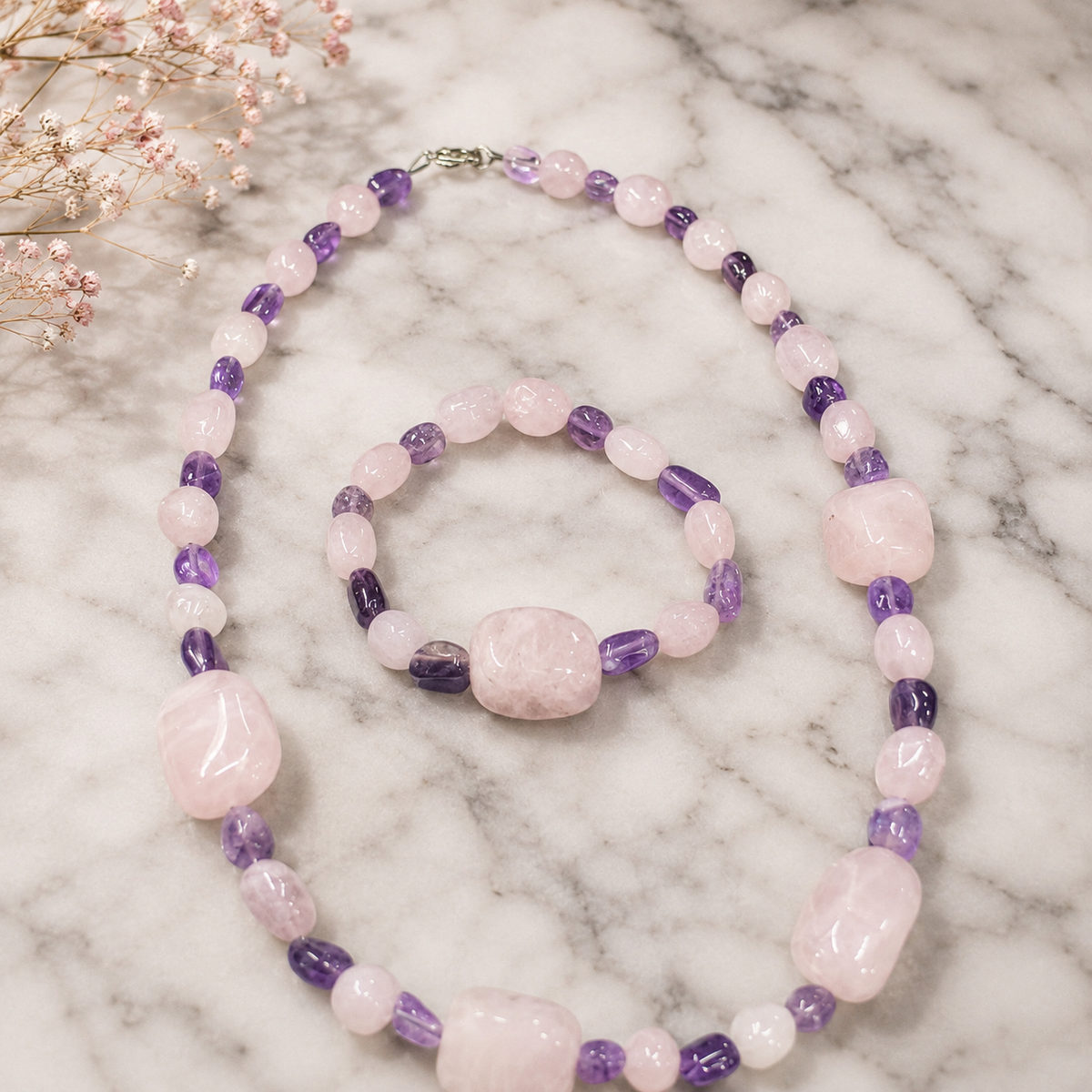 Juego de Collar y Pulsera — Amatista y Cuarzo Rosa Naturales