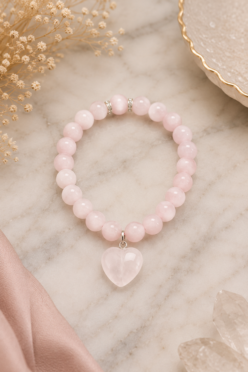 Pulsera Cuarzo Rosa con Corazón