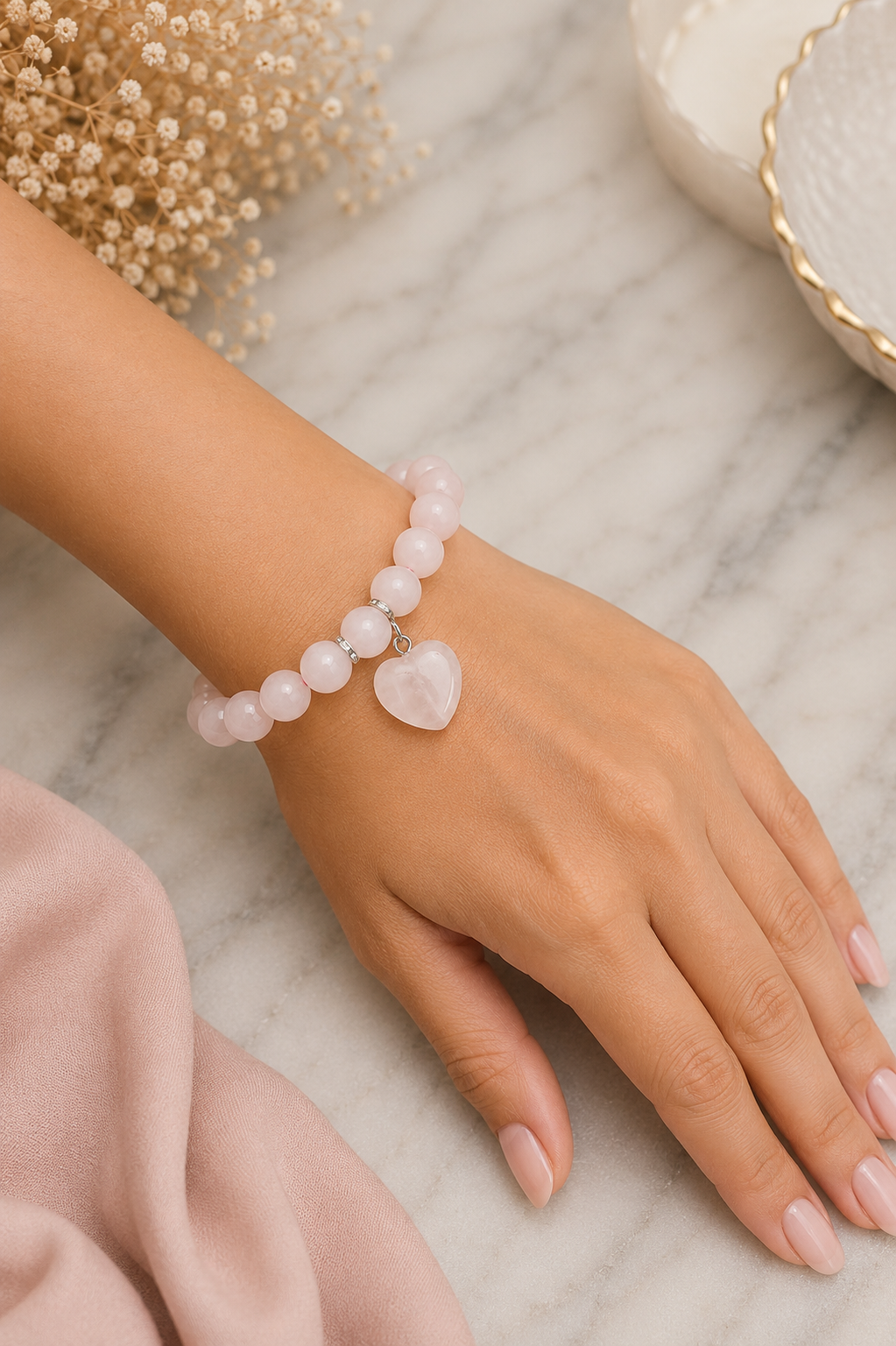 Pulsera Cuarzo Rosa con Corazón