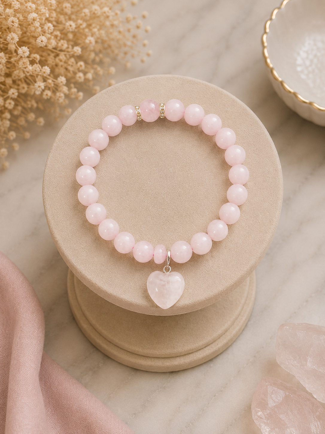 Pulsera Cuarzo Rosa con Corazón