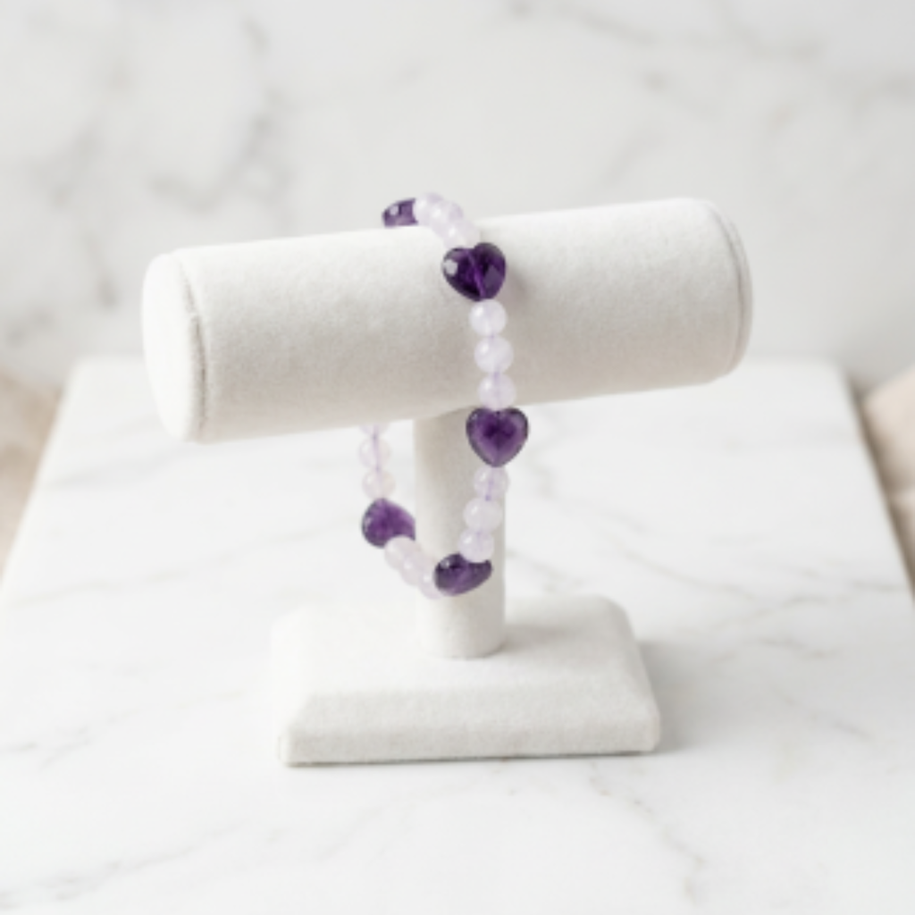 Pulsera Corazones de Amatista con Cuarzo Blanco