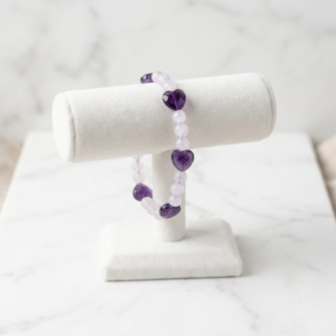 Pulsera Corazones de Amatista con Cuarzo Blanco