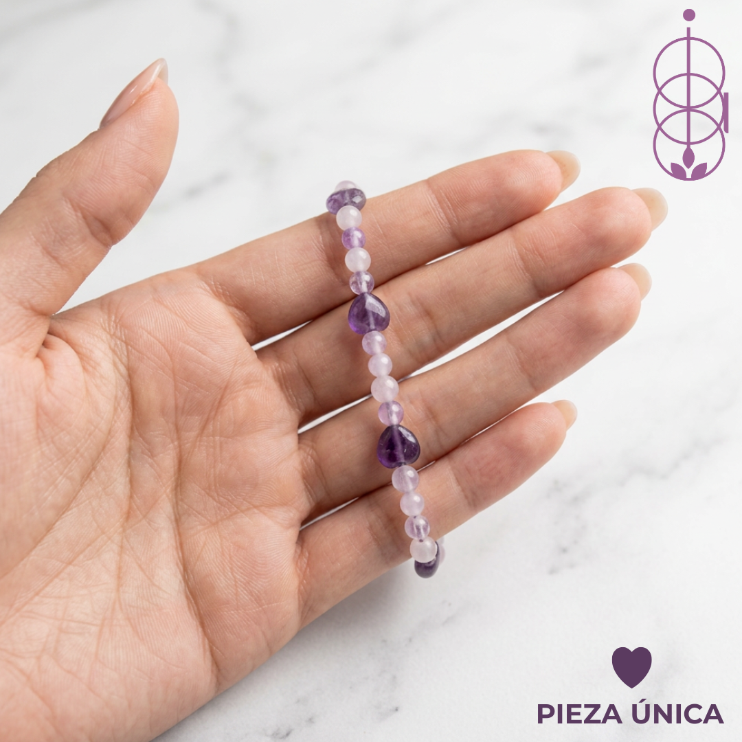 Pulsera Corazones de Amatista con Cuarzo Blanco