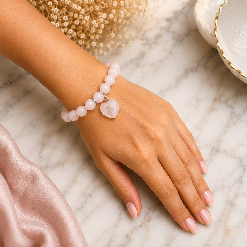 Pulsera Cuarzo Rosa con Corazón