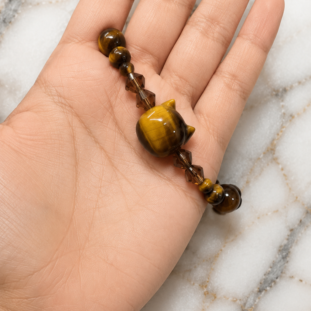 Pulsera Ojo de Tigre con Gatito — Adulto