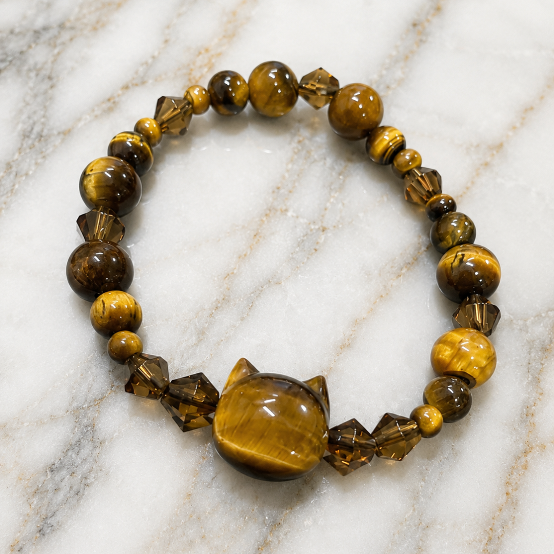 Pulsera Ojo de Tigre con Gatito — Adulto