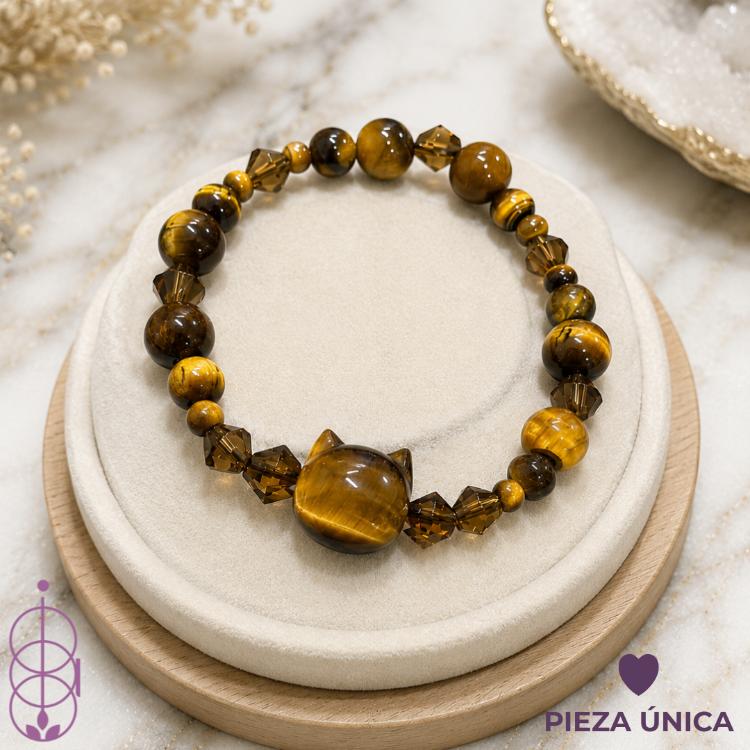 Pulsera Ojo de Tigre con Gatito — Adulto